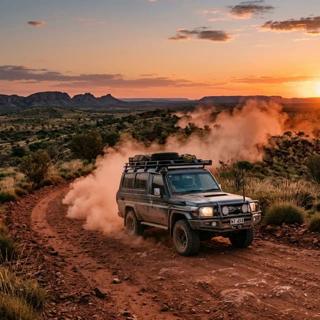 Toyota LandCruiser in the Australian outback at sunset